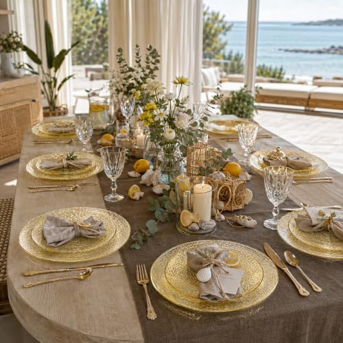 Liacere 60Pcs Yellow Plastic Plates - Yellow Disposable Plates With Gold Rim, Heavy-duty Gold Plates,Water ripples Party Plates Include 30 Dessert-Platos,30 Dinner-Platos for Party ＆ Summer & Wedding - Image 2