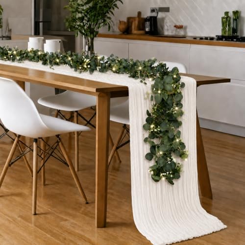 Cinrobiye 11pcs Cheesecloth Table Runner Set 120 Inch – Gauze Table Runner with Napkins, Eucalyptus Garland & String Lights for Wedding Baby Shower Table Decor, Rustic Boho - Image 5