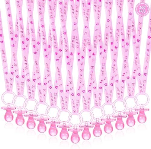 100 Pieces Baby Shower Pacifiers Necklace, Cute Acrylic Pacifier Necklaces for Chupones para Baby Shower Games Charm, Party Favors, Decorations DIY, Gender Reveal Table Scatter(Pink) by XINHUIDALSQ