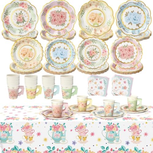 Yungyan 145 Pcs 36 Set Floral Tea Party Supplies, Tea Party Plates and Napkins Set with Tablecloth, Disposable Handle Teacups and Saucers for Birthday Wedding Bridal Shower Decorations(Sweet Style) by Yungyan