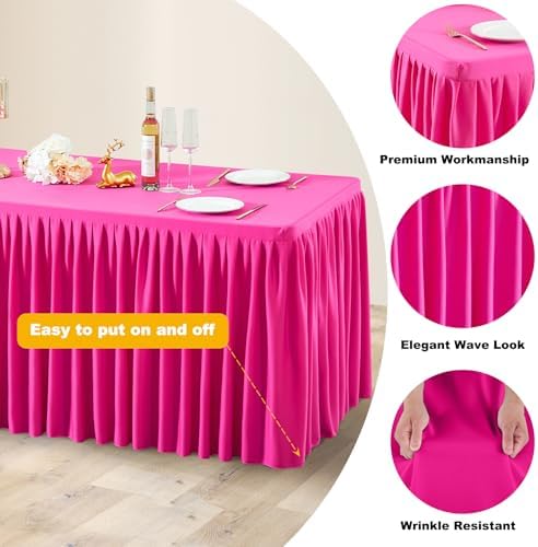 Wish Care Hot Pink Polyester Table Clothes for 4 Foot Rectangle Tables, Wrinkle Free Fitted Table Cover with Pleated Ruffle Table Skirt for Birthday Party Wedding Trade Show Event Display - Image 5