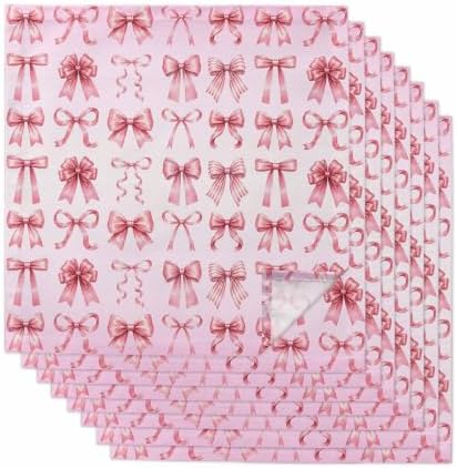 Pink Ribbon Bow Cloth Napkins Set of 8, Fantasy Sweet Bows Modern Abstract Washable Reusable Dinner Cocktail Napkin for Kitchen Party Wedding Banquet Holiday Baby Shower Table Decor by PIEPLE
