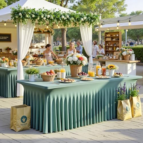NSSONBEN 2 pk Sage Green Spandex Tablecloth for 6 Foot Rectangle Tables,Wrinkle Free Fitted Spandex Table Covers 6ft Stretch Table Cloths with Ruffle Skirt for Parties Weddings Banquet Baby Shower - Image 2