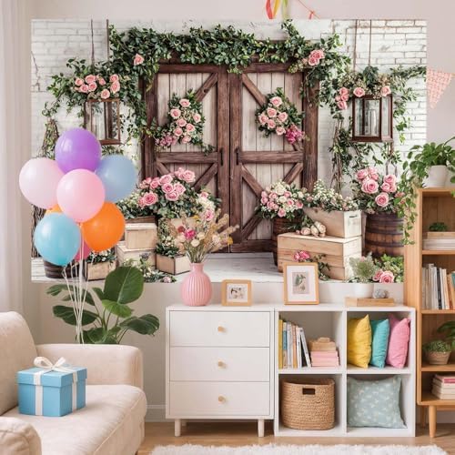 20x10ft Country Wedding Photography Backdrop Floral Rustic Roses Farmhouse Wooden Door Backdrop Pink Flower Birthday Baby Shower Wedding Bridal Party Banner Photo Booth Props Anniversary Background - Image 4