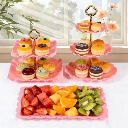 12-Pack Dessert Table Display Set, 6 Cupcake Stands and 6 Dessert Trays, Plastic Dessert Display Stands and Cake Stand, Treat Table Displays Set for Wedding, Baby Shower, Tea Party (Pink) - Image 3