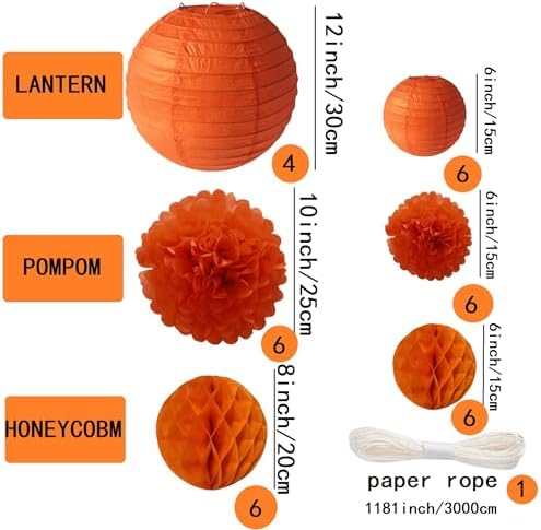 WOLHOWLTD Orange Paper Decoration Set - 34 Pcs Paper Lanterns, Pompoms, Honeycomb for Wedding,Harvest, Halloween,School Day,Bridal Baby Shower,Rainbow Birthday Party Classroom,Home Decoration (orange) - Image 2