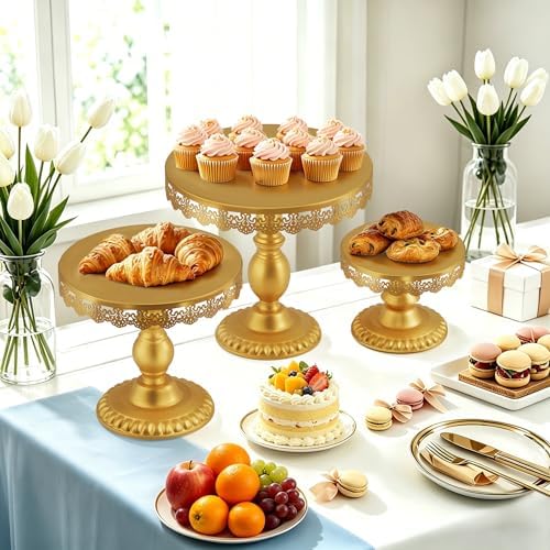 3 PCS Gold Cake Stands (8"&10"&12" Plate), Cupcake Stand With a lace hollow border Metal Cake Stand Set for Birthday Party, Wedding, Anniversary, Baby Shower - Image 4