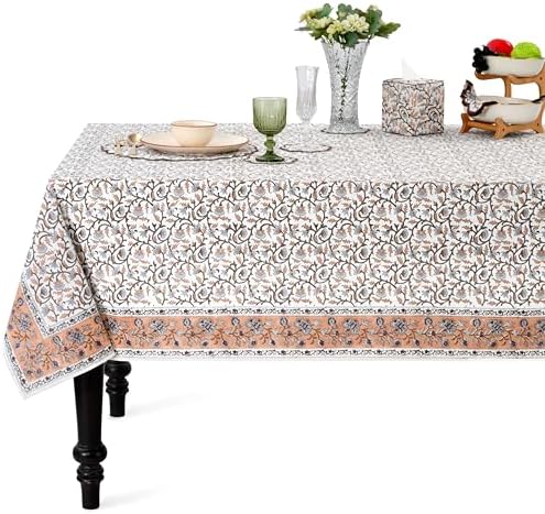 Ridhi Block Print Brown Meadow Vine Rectangle Cotton Tablecloth 108" x 60" Reusable Table Cover Decorative Everyday Use for Dining, Farmhouse, Home Gift for Spring, Easter, Valentine by Ridhi
