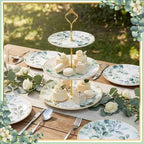 Lallisa 3 Tier Greenery Dessert Stand 10", 9" and 7" Ceramic Sage Green Eucalyptus Tiered Serving Tray with Gold Rack, Round Cupcake Display Tower for Wedding Baby Bridal Shower Tea Party Decoration - Image 6
