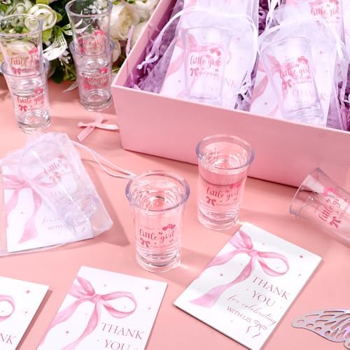 36 Sets Pink Bow Baby Shower Acrylic Shot Glasses A Sweet Little Girl is on Her Way Shot Glasses Coquette Bow Cups Bulk with Thank You Card Bag Bow Theme Party Gifts for Guest Gender Reveal - Image 5