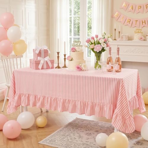 Eternal Beauty Striped Ruffled Tablecloth 52x70 Inch Pink White - Image 5