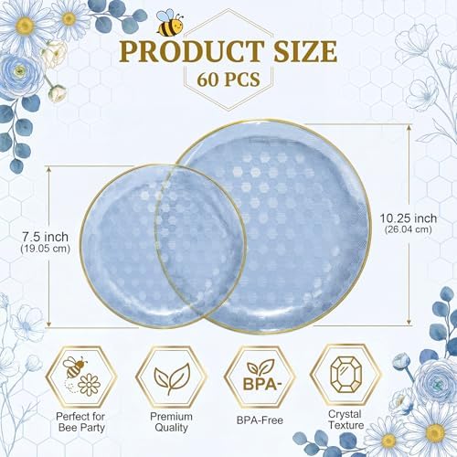 Festiva 60PCS Clear Blue Gold Plastic Plates - Heavy Duty Fancy Disposable Plates With Gold Rim -serve for 30 guests Include Each 30PCS 10.25" & 7.5" Honeycomb Design Plates for Party(Blue) - Image 2