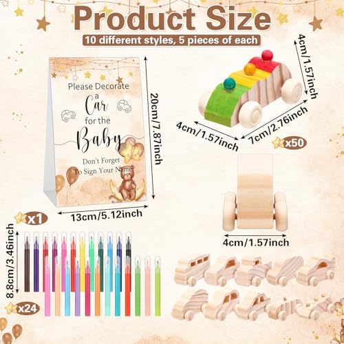 Hiboom 75 Pcs Baby Shower Wood DIY Print Car Set, Brown, Bear - Image 2