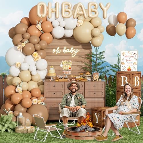 Hombae S’Mores Baby Shower Decorations, 140 Pcs Camping Baby Shower Party Supplies with Backdrop, Balloon Garland, Cake Topper, Sash for Camping Theme Party Decorations - Image 6