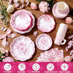Pickmesh 252 Pcs Pink Floral Tea Party Supplies for 36 Guests Pink and White Porcelain Paper Disposable Dinnerware Floral Teacups with Handle and Saucers Set for Tea Party Decorations Birthday Wedding - Image 3