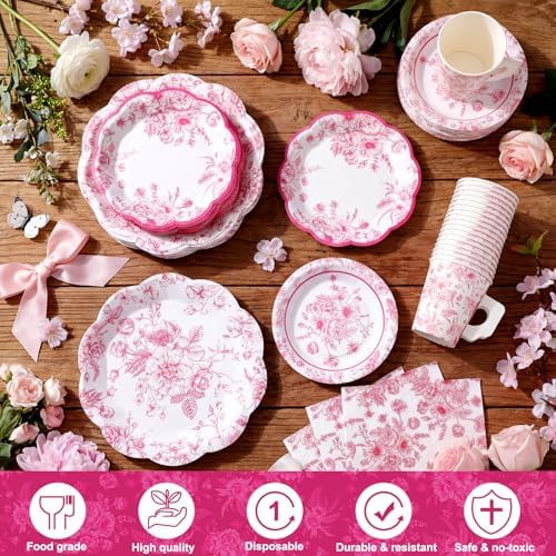 Pickmesh 252 Pcs Pink Floral Tea Party Supplies for 36 Guests Pink and White Porcelain Paper Disposable Dinnerware Floral Teacups with Handle and Saucers Set for Tea Party Decorations Birthday Wedding - Image 3