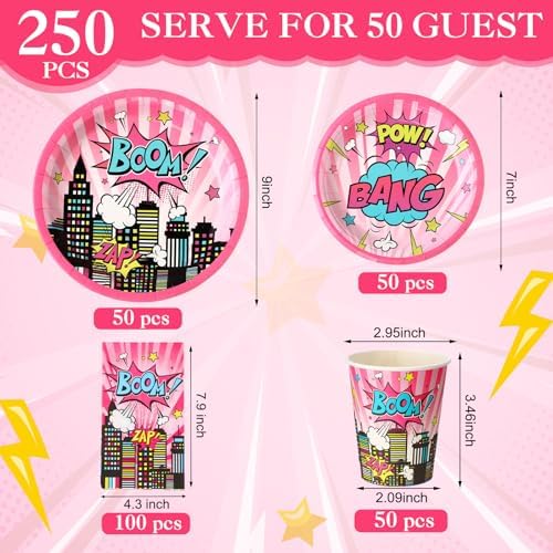 Funnymoom 250 Pcs Girl Hero Birthday Decoration Serves 50 Party Supplies - Image 3