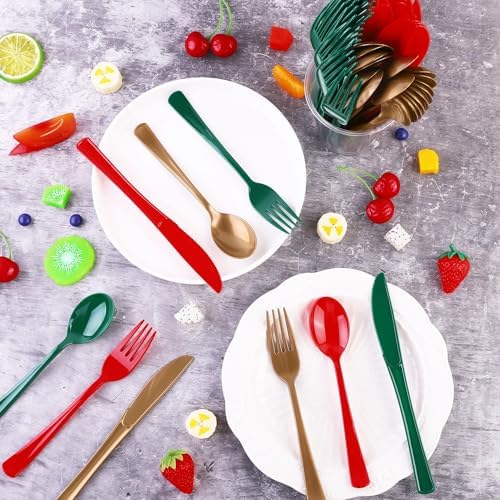 Kochorie 300 Pieces Christmas Plastic Silverware Heavy Duty Plastic Cutlery Set Heavyweight Disposable Flatware Includes Christmas Spoons Knives Forks for Christmas New Year Party - Image 4