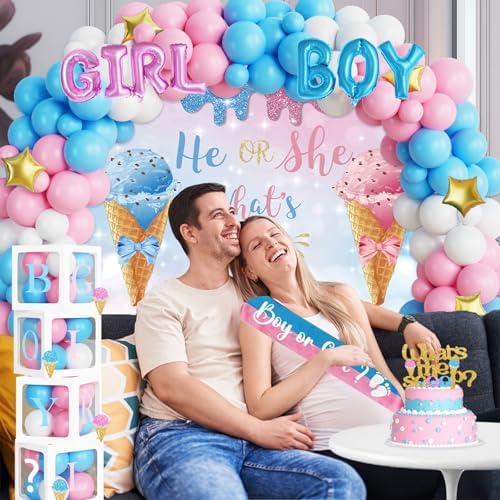 172 PCs Whats The Scoop Gender Reveal Decorations, Hombae Boy or Girl Gender Reveal Decorations Backdrop Balloon Garland Banner Tablecloth Cake Cupcake Topper Box Cutout Poster Sash Ice Cream - Image 6