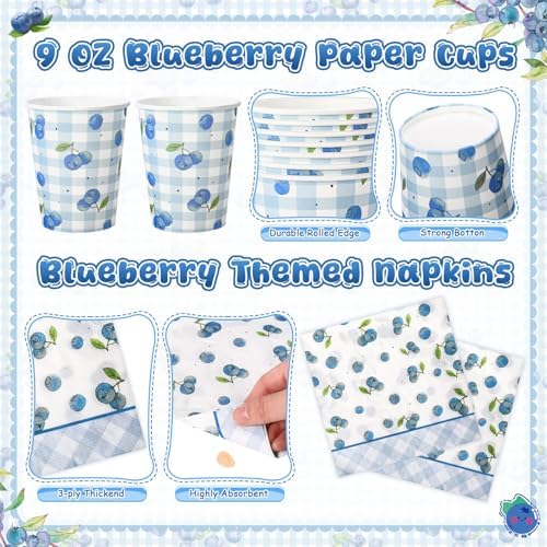 Honeydak 210 Pcs Blueberry Party Supplies for 30 Guests, Includes Plates, Cups, Napkins, Cutlery - Blueberry Checked Birthday Tableware Decorations for 1st Birthday, Summer Fruit Party - Image 5