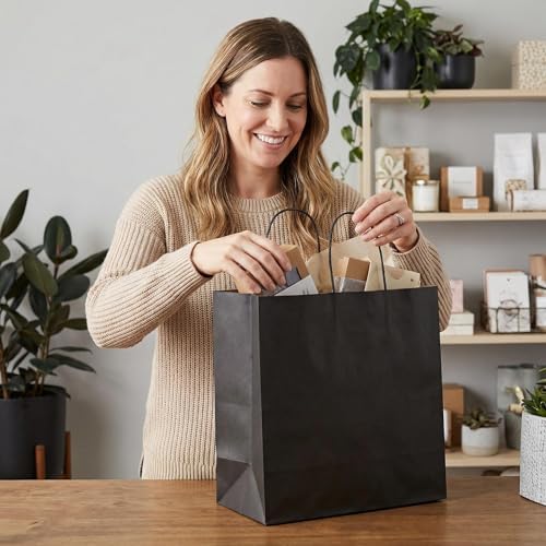 Large Black Kraft Paper Gift Bags with Handles, 13x7x13 Inch, 70 Pack - Image 5
