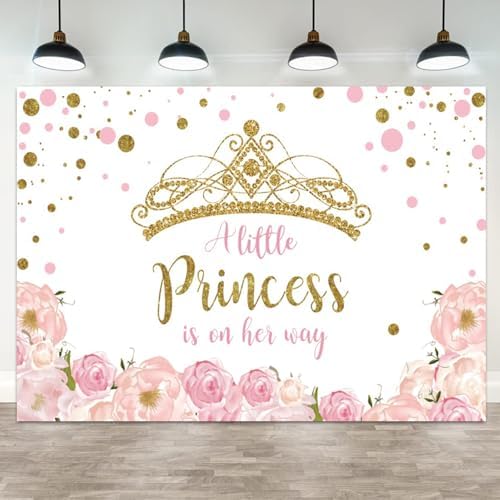 5x3ft Baby Shower Backdrop A Little Princess is on Her Way Photography Background Gold Crown Pink Floral Giltter Dots Girl Princess Party Banner Decorations Newborn Photo Booth Prop by ASDCXZ