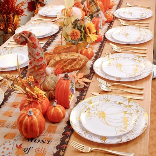 FLOWERCAT 60PCS Thanksgiving Plates & Gold Pumpkin Plates - Including 30PCS 10.25inch Thanksgiving Dinner Plates and 30PCS 7.5inch Dessert Plates for Giving Thanks Theme Party - Image 6