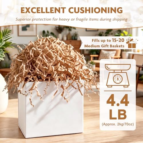 AFOROEOA Crinkle Cut Paper Shred Filler 4.4LB/2KG Bulk, Kraft Brown Paper Gift Basket Filler for Christmas Thanksgiving Halloween Birthday Hamper Packaging, Shredded Paper for Gift Boxes, Kraft - Image 2