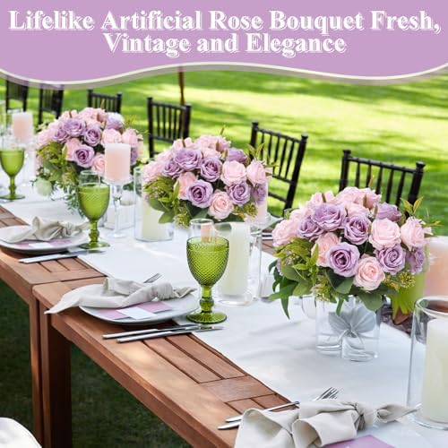 Zeyune 8 Pack 12 Inch Artificial Rose Bouquet, Purple and Pink - Image 3