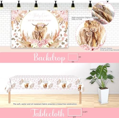 Costova Highland Cow Baby Shower Decorations for Girls, Boho Highland Cow Baby Shower Decorations, Bohemian Pink Floral Backdrop Balloon Box Tablecloth Sash Pin for Its a Girl Gender Reveal - Image 5