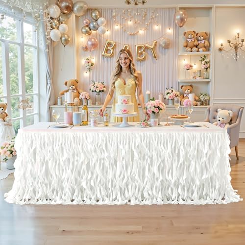Wish Care 14ft White Sequin Table Skirt for Rectangle Tables Glitter Curly Willow Tutu Skirt Ruffle Table Cloth Desk Skirts for Wedding Birthday Baby Shower Party Banquet Table Skirting Decorations - Image 6