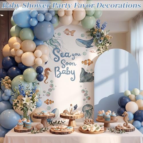 Moukeren Sea You Soon Baby Arch Backdrop Cover 6ft and 7.2ft for Ocean Animals Themed Baby Shower Party Gender Reveal Birthday Party Banquet Photo Arches Background Decorations - Image 5