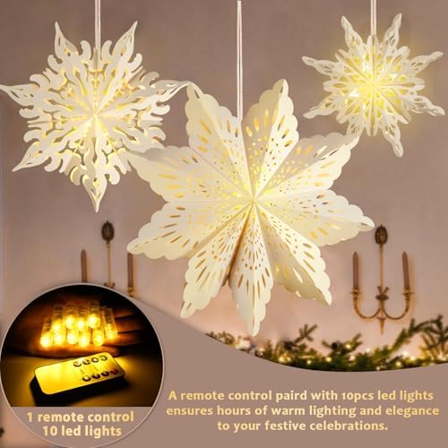 10 Pcs Christmas Paper Snowflake Lanterns, Large Christmas Paper Star Lanterns with LED Lights White Hanging Snowflake Lamp Ornaments for Xmas Winter Frozen Weddings Birthday Holiday Party Decorations - Image 6