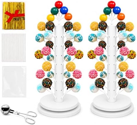 2Pack Wooden Cake Pop Stand Kit with 360° Spinning Base, 49Hole Lollipop Holder with Cake Ball Scoop, 100 Paper Sticks, 100 Clear Treat Bags and 100 Twist Ties, Easy Twist Assembly for Parties by Unknown