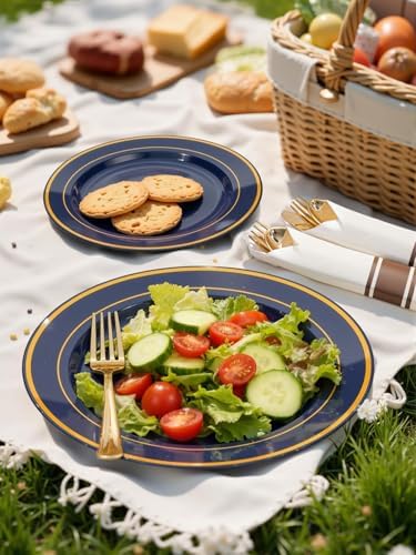 WDF Partyware 350PCS Navy Blue and Gold Plastic Plates with Rolled Napkins Include Dinner Plate 10’’, Dessert Plate 7’’, gold Cups 9 OZ, Pre Rolled Napkins for Birthday/Wedding/Party - Image 4