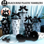 Skylety 24 Pcs Black Bow Plastic Cups with Lid Straw and Ribbon - Image 4