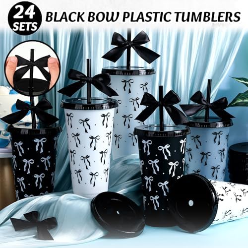 Skylety 24 Pcs Black Bow Plastic Cups with Lid Straw and Ribbon - Image 4