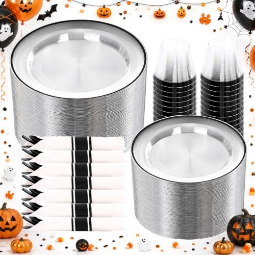 SUT 350 Pcs Black and Clear Plastic Dinnerware Set for 50 Guests, Include: 50 Dinner Plates, 50 Dessert Plates, 50 Pre Rolled Napkins With Silverware, 50 Cups, Disposable Plates for Party by SeeYouTomorrow