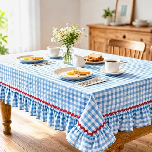 JarThenaAMCS Gingham Ruffle Tablecloth with Red Rick Rack Blue White Plaid Cotton Table Cloth Decorative Rectangle Farmhouse Table Cover for 4th of July Home Kitchen Party Decoration, 55 x 70 Inch - Image 4