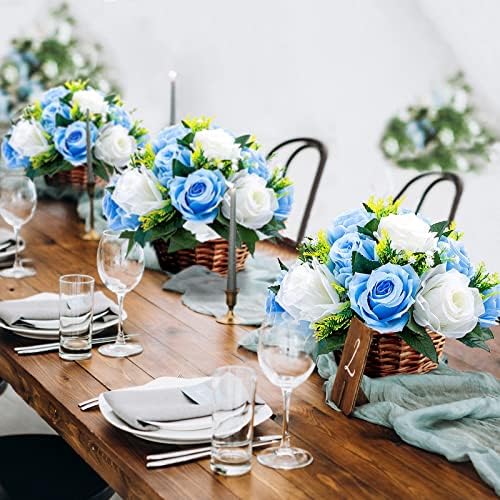 Sziqiqi Silk Rose Flower Balls for Table Centerpieces, Blue&White, 6Pcs - Image 4