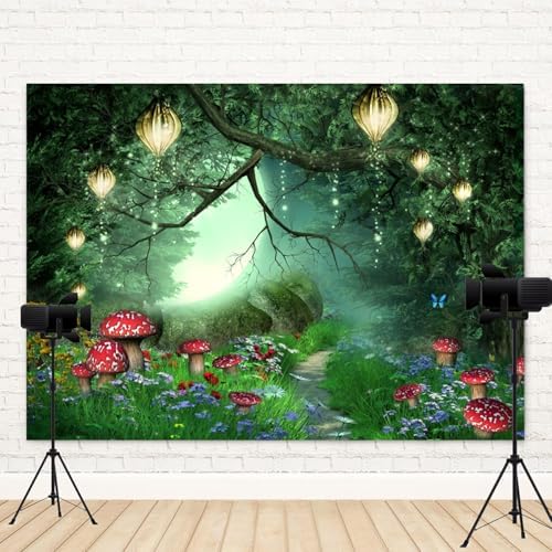 10x7ft Enchanted Forest Backdrop Spring Fairytale Garden Photography Background Green Tree Butterfly Mushroom Wonderland Kid Birthday Banner Decorations Baby Shower Portrait Photo Booth Prop - Image 4