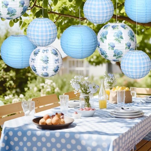 12 Pcs Hydrangea Plaid Paper Lanterns 8" 10" 12" Blue White Floral Chinese Lanterns for Summer Birthday Wedding Baby Shower Garden Tea Party Decorations - Image 5