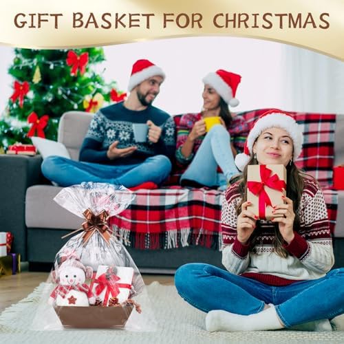 20PACK brown Baskets For Gifts Empty, 10 x 8”Thick Gift Basket with 20 Clear Bags and 20 Pull Bows, DIY Gift Basket Kit for Christmas, Thanksgiving, Wedding - Image 5