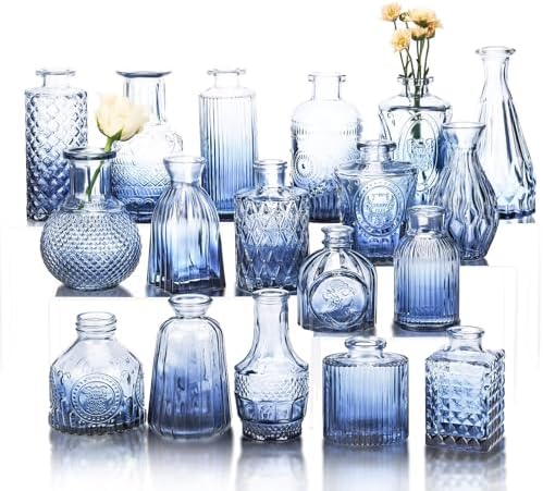 Fixwal Set of 18 Blue Bud Vases for Flowers, Vintage Clear Glass Vases Small Vases for Centerpieces for Home Table Decor Rustic Wedding Decorations by Fixwal