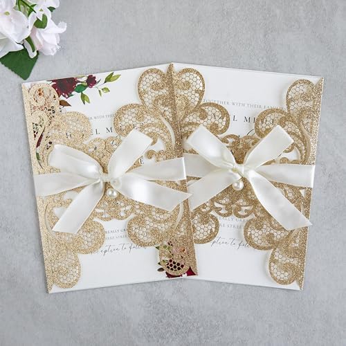 20Pcs Personalized Wedding Invitation, Customized Gold Glitter Laser Cut Invitation Cards With Envelopes Rhinestone Pearls and Ribbons For Wedding XV Anos Quinceanera Invitation - Image 4