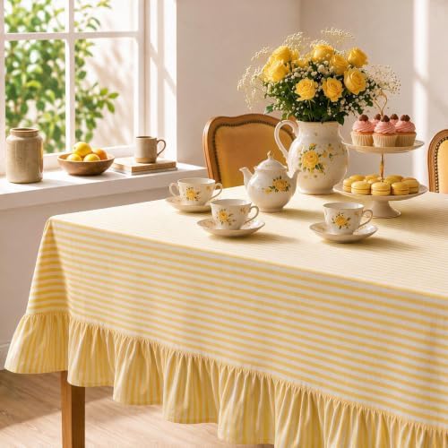 Striped Ruffled Tablecloth 60x120 Inch Cotton Polyester Striped Tablecloth Rectangular Fits 8-10 Seater Table Farmhouse Vintage Table Cover for Home Kitchen Baby Shower Birthday Party Picnic (Yellow) by partygreeting