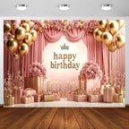 Rose Gold Birthday Backdrop Banner Pink Balloon Floral Rose Photography Background for Girls Women Gold Birthday Party Wedding Baby Shower Decor Photo Booth Supplie, 15X10 Ft - Image 6