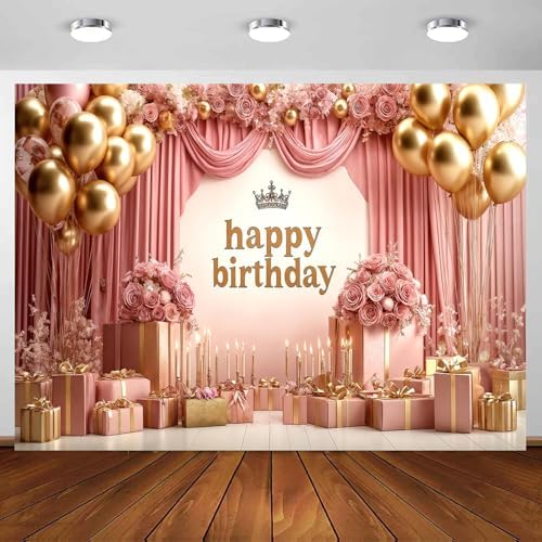 Rose Gold Birthday Backdrop Banner Pink Balloon Floral Rose Photography Background for Girls Women Gold Birthday Party Wedding Baby Shower Decor Photo Booth Supplie, 12X10 Ft - Image 6
