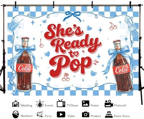 MEHOFOND 8x6ft She's Ready to Pop Baby Shower Banner Backdrop Blue Coquette Shes Ready to Pop Baby Shower Decorations Gender Reveal Cake Smash Photo Booth Props - Image 3