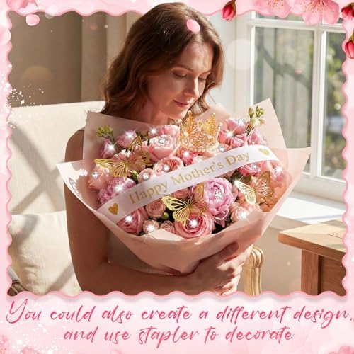 Zeyune 114 Pcs Flower Bouquet Accessories Includes 2 in x 5 Yard Glitter Mother's Day Satin Ribbon, Gold Bouquet Crown, Butterfly Decor and Rhinestone Flower Pin for Birthday Wedding Baby Shower - Image 3